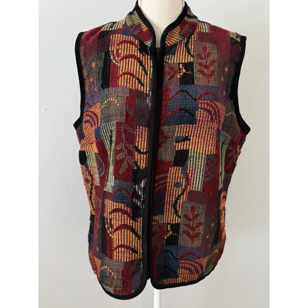 Vintage Coldwater Creek Patchwork Tapestry Vest Zip Up Suede Trim Artsy Size L
